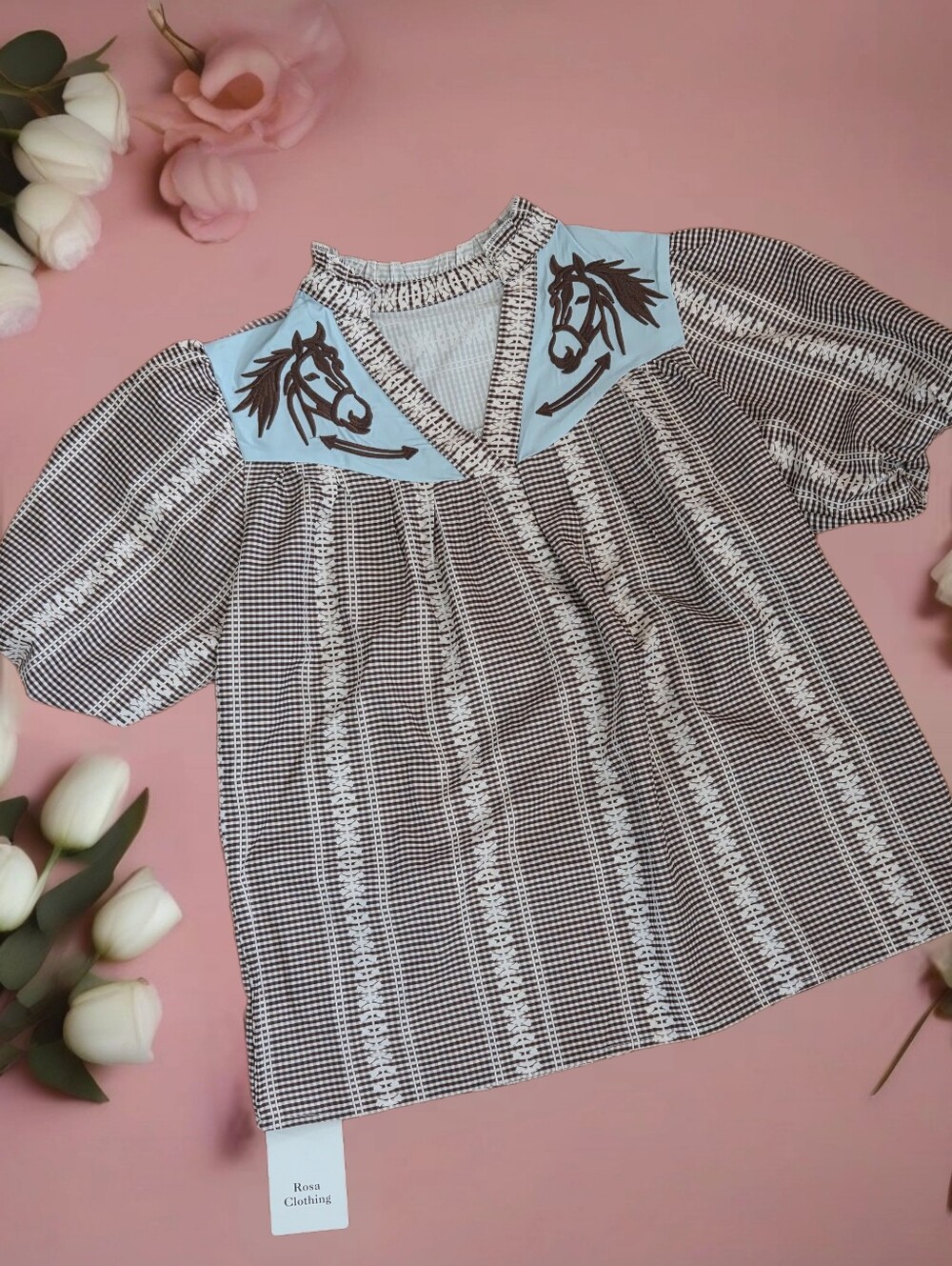 Rosa Clothing Plaid Horse trendy Blouse Women Small